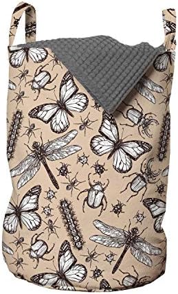 Bolsa de lavanderia vintage de Ambesonne, esboço desenhado à mão de diferentes lagartas de borboleta de insetos, cesto de cesto com
