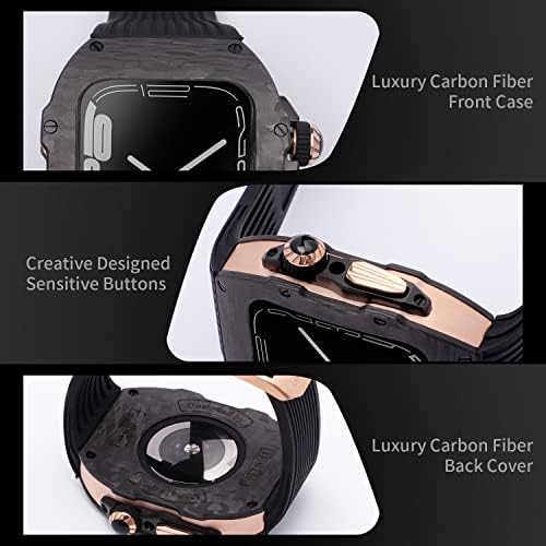 Caso de fibra de carbono de luxo com banda compatível para Apple Watch Series 8 7 45mm / se 6 5 4 44mm, cobertura de proteção