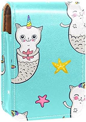 Sereia de gato de unicórnio fofa com estampa de batom de batom estrela com espelho, bolsa de brilho labial portátil, kit de armazenamento cosmético de couro impermeável para bolsa
