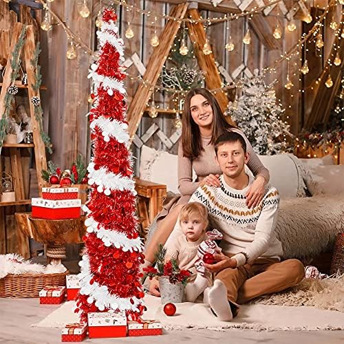 Aerwo Pop Up Tinsel Christmas Tree, Tree de Natal de Lápis Skinny de 5 pés com luzes, Prelit Red Artificial Christmas Tree