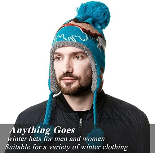 NU Trendz gorro peruano chapéu de malha com abas de orelha, lã de inverno pom pom gorro para mulheres homens, neve grossa malha quente