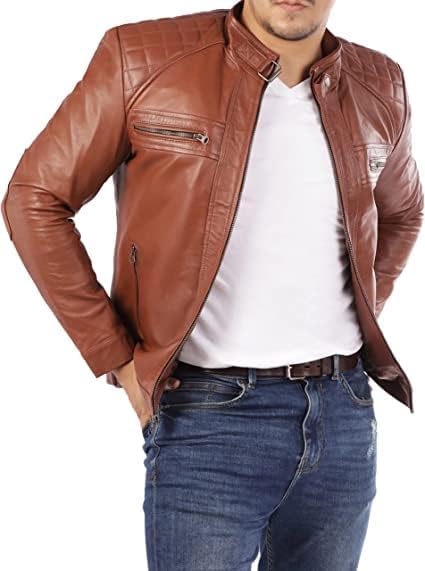 Signature Diamond Style Café Racer Librskin Leather Jacket Men - Casual Casual Real Leather Quilted Motorcycle Jacket