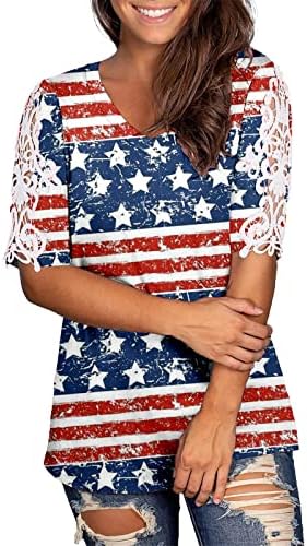 Camisas de bandeira americana para mulheres 4 de julho V Camisetas de pescoço Tamas de renda de verão causal de verão Tops