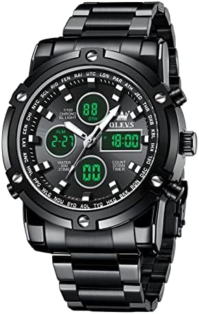 Olevs Casual Stainless Acenog Analog Digital Relógios para homens, grande face à prova d'água Cronograph Watch