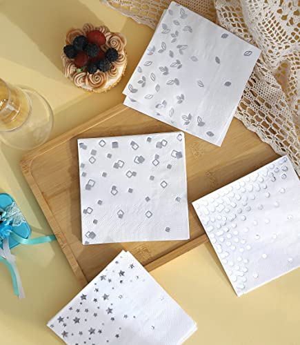 Nudários de prata 100 PK - 4 desenhos variados - guardanapos de 3 camadas de 3 camadas dobradas de 5 x 5 polegadas guardanapos de festa descartáveis ​​guardanapos de papel guardanapo de papel para casamento para casamentos