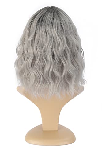 Hair de cabelo curta peruca com franja ombre ombre cinza figurino ondulado bob wigs natura