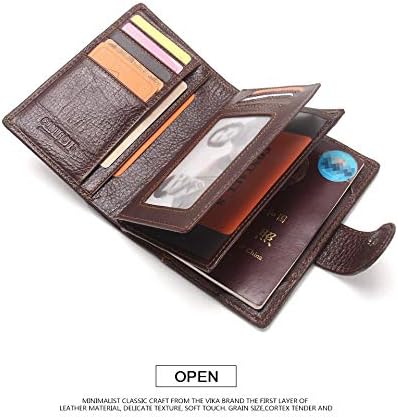 Carteira de couro genuíno masculino com botão de metal, portador de cartão de crédito de dinheiro de passaporte, clipe de dinheiro,