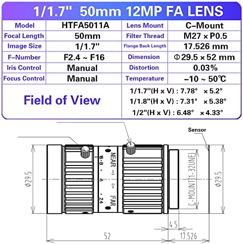 12mp 25mm 1/1,7 Lente de foco fixo f/2,4 ° C Visão de máquinas de montagem Alta resolução Manual de câmera industrial Lentes