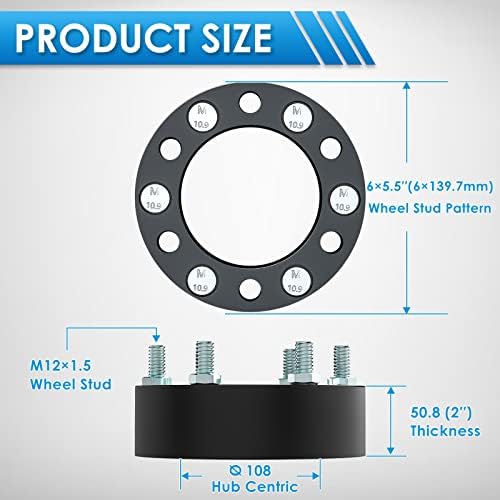 Max4out 6x5,5 polegadas kits de espaçadores de rodas, 2 polegadas de hub forjado adaptadores com porcas abertas estendidas se encaixam em 6 rodas de terminal, com m12x1.5 pinos