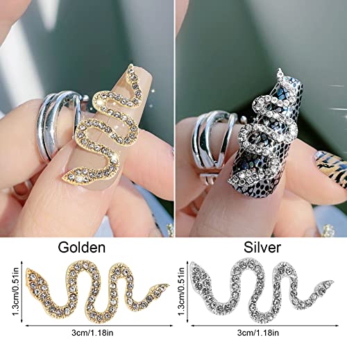 6 PCs 3D Charms de arte em forma de cobra com strass lhopback, Decorações de unhas de ouro e metal de zircão e gemas de diamante, acessórios de jóias de unhas retrô para artesanato de diy artes nail