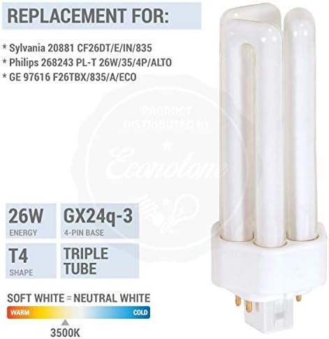 Tubo triplo de 26 watts - GX24Q -3 Base -3500k Branco - lâmpada CFL - Substitui Sylvania 20881 CF26DT/E/IN/835 -
