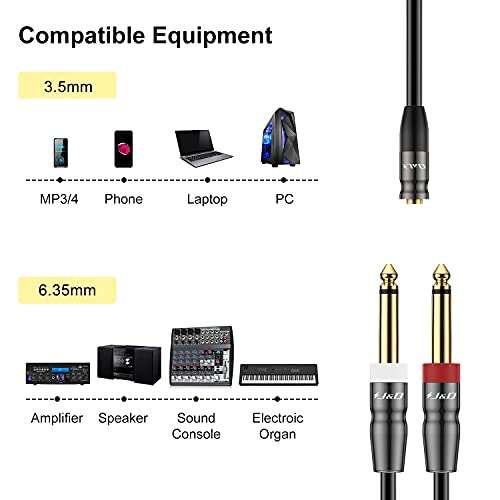 J&D 3,5 mm TRs a 1/4 duplo em cabo TS, serviço pesado de 3,5 mm a 2 x 6,35 mm 3,5 mm 1/8 fêmea a 1/4 cordão macho para