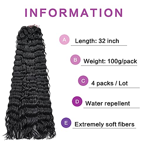 Cabelos de crochê de crochê de 32 polegadas de 32 polegadas de onda profunda de onda profunda cabelos de onda de onda oceânica longa para mulheres macias como extensões de cabelo humano 4 pacotes