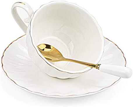 Conjunto Yesland de 6 xícaras de chá reais e pires com acabamento dourado, 8 onça de chá de porcelana branca e xícaras