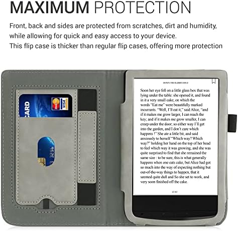 Caixa Kwmobile Compatível com Pocketbook Touch Lux 4/Lux 5/Touch HD 3/Cor - Capa de couro sintético Nubuck com fechamento magnético, kickstand, alça de mão, slot de cartão - esboço de viagem cinza