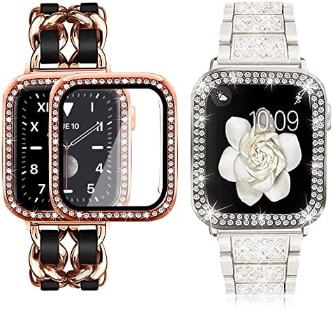 Mosonio Apple Watch Band compatível com a série Iwatch 6/5/4, Iwatch Band With 2 Pack 44mm Bling Case for Women - Rose Gold Metal Chain com pulseira de couro preto e pulseira de metal bling starling