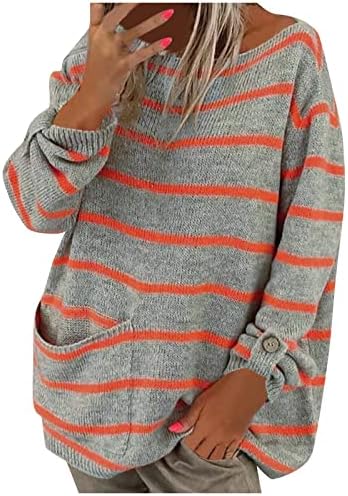 Suéter de pescoço feminino colorido de manga longa contraste de faixa de listra redonda colchão de suéter solto suéteres