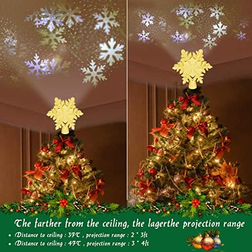 Yostyle Christmas Tree Topper iluminada, decoração de árvore de neve dourada com projetor de floco de neve LED, 3D Glitter iluminado