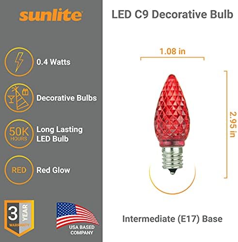 Sunlite 80707 LED C9, lâmpada decorativa de férias, 0,4 watts, base intermediária E17, luzes de Natal facetadas; Luz
