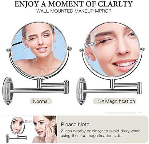 GloriaStar 5x Maior espelho de maquiagem - Magração de maquiagem de ampliação de dupla face para o banheiro, Extensão de 8 polegadas Espelho acabado de níquel escovado de 8 polegadas
