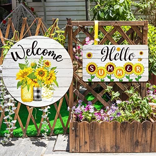 Ylolul 2pcs verão girassol de boas -vindas placas de porta decoração olá, porta de verão signo de fazenda pendurada sinal