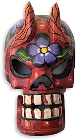 Máscara de diabo do crânio de artes maias com mandíbula móvel, esqueleto esculpido à mão de madeira, dia dos mortos, flores pintadas