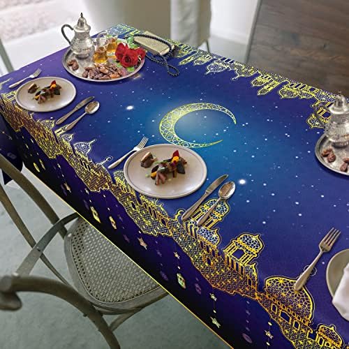 9x5 pés de mesa Ramadã Tala de mesa Eid Tabela de mesa para casamento de casamento islâmico Decorações de casa Crescent Moon Star lanterna estrelada Sky Sky Sky Towloths TowCover para decoração de mesa
