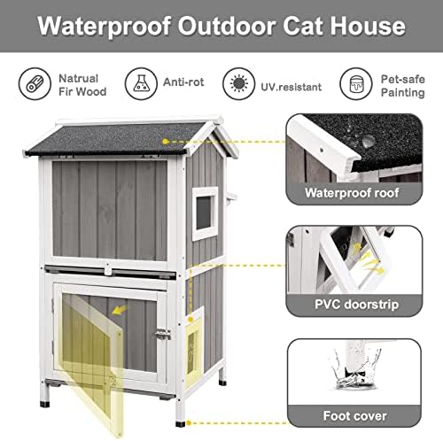 PetsCosset Outdoor Cat House Abrigo à prova de intempéries, dois andares de madeira do lado de fora da casa de gatos de gato com