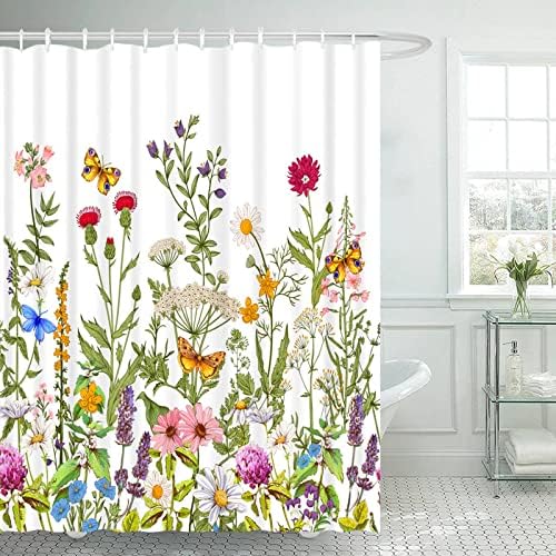 Cortina de chuveiro floral da primavera, folhas verdes e cortina de chuveiro de flores silvestres coloridas, cortinas de chuveiro de borboleta botânica para banheiro, cortina de chuveiro impermeável, conjunto de 12 ganchos incluídos -72x72 polegadas