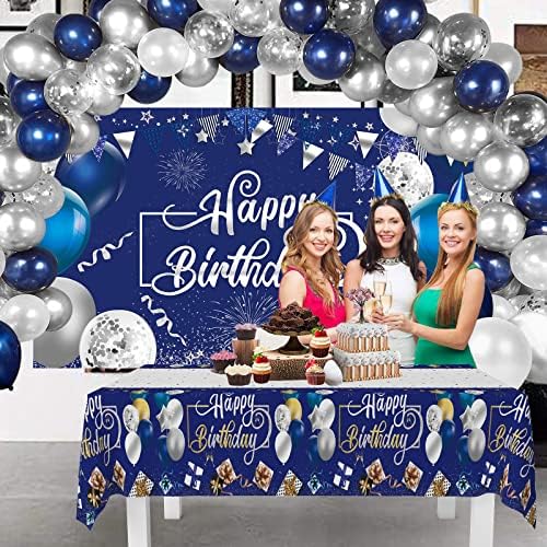 Blue Silver Feliz Aniversário Extra Grande Banner Poster Banner 2pcs Toelas de mesa à prova d'água 50pcs balões de látex brilhantes metálicos para decoração de fundo de festa