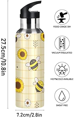 Alaza 20 oz de garrafa de aço inoxidável isolada, BPA sem bPA, abelha fofa e garrafa de água de bicicleta isolada de girassol