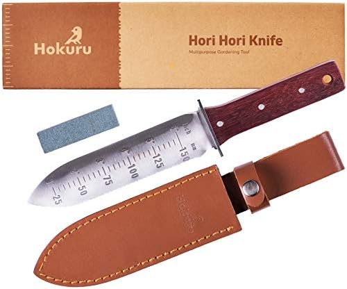 Hokuru Hori Hori Knife - paisagismo, escavação, capina, corte e plantação de ferramentas de jardinagem com bainha de couro, lâmina