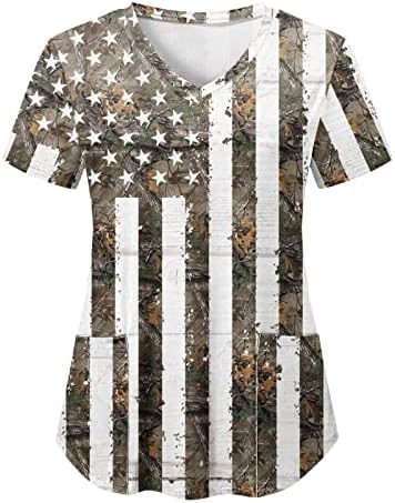 4 de julho camisetas para mulheres bandeira americana de verão de manga curta V camisetas pescoço com 2 bolsos Bloups Holiday Casual Workwear