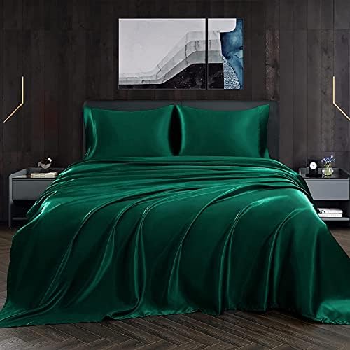 Lençóis de cetim de 4pcs Homes Conjunto de roupas de cama de cetim de luxo com bolso profundo, 1 folha ajustada + 1 folha plana + 2 travesseiros