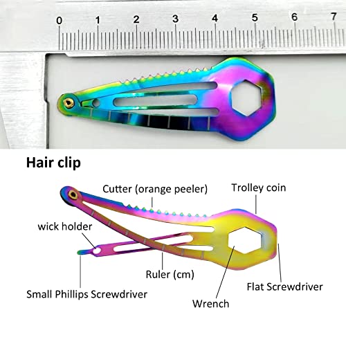 Clipes de cabelo tático Haxtec, 5pack arco-íris aço inoxidável Snap Barrettes Outdoor Metal Hairpin Multi-funcional bolso multi-ferramenta EDC Survival Kit para mulheres