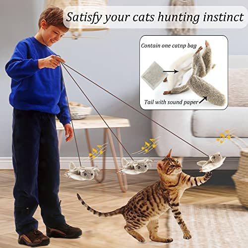 Brinquedos de gato recarregam o mouse com catnip de Silvervine, portas penduradas brinquedos de gatos interativos com cantada de esquilo voador realista, touch touch ativado asas de gato de gato para gatos internos