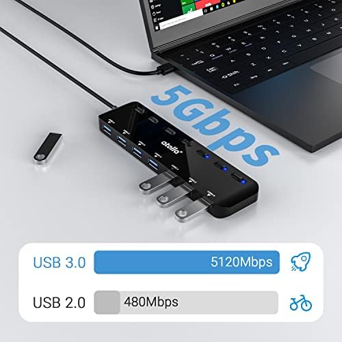 ATOLLA 7-PORT USB 3.0 Hub Splitter, USB Extender Ultra Slim Data Usb Hub com interruptor de energia e LEDs individuais