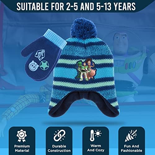 Disney Toy Story Buzz LightYear Criança de inverno e luvas de neve para meninos 2 PC. Conjunto, luvas macias com gorro quente pom-pom