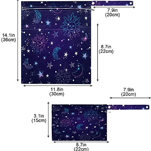 VISESUNNY SPACE GALAXY Constelação padrão sem costura 2pcs bolsa molhada com bolsos com zíper bolsa de fraldas espaçosas laváveis ​​para viajar, praia, creche, carrinho, fraldas, roupas de ginástica sujas, roupas de banho molhadas, para