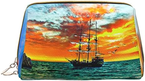 Navio pirata na bolsa cosmética de couro do pôr -do -sol, bolsa de cosméticos com zíper de viagem, bolsa de cosméticos portáteis para
