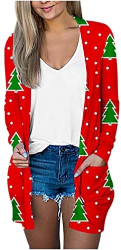 Sorto de outono para mulheres, moda feminina Fashion Loose Pocket Pocket Christmas Print Cardigan Jacket Tops