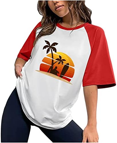 Tampas de tamanho grande para mulheres raglan bloco de cor curta manga curta colmésia praia impressão impressão solteira blusa de ajuste casual camiseta casual