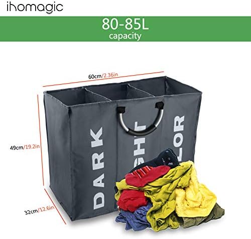 Ihomagic 3 Seções Grandes cestas de roupa, lavanderia dobrável e dobrável Sagão de roupas de roupas de tecido com alças de transporte para roupas sujas para o banheiro doméstico dormitório 85L 23.6x12.6in cinza escuro