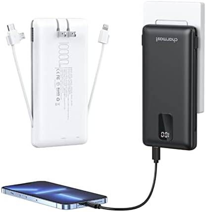 Bateria de carregador portátil de charmast 10000mAh, banco de energia com 5 saídas e tela LCD, plugue AC embutido, USB C & Micro três cabos carregador de telefone da bateria externo para iPhone, samsung, todos os telefones
