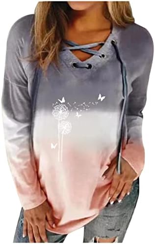 Mulher manga longa buraco de anel Bandagem camiseta v pescoço tize bloco de cor de colorido de coloração