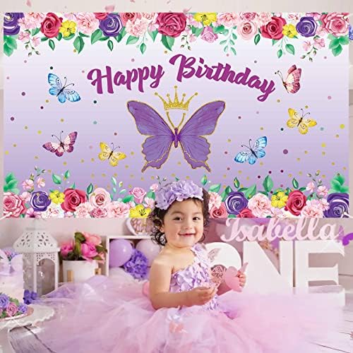 Borda de feliz aniversário da borboleta, decorações roxas de borboleta para meninas cenário de borboleta para chá de bebê e decorações de aniversário de fada, suprimentos de festa de aniversário de borboleta, 72,8 x43.3