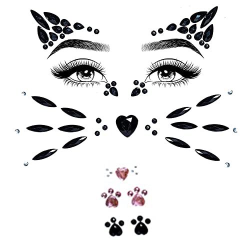 Crystal Cat Face gems, jóias de estampa de gato rosa, jóias de rosto preto, gemas de gemia falsa gemas de tatuagem no olho para