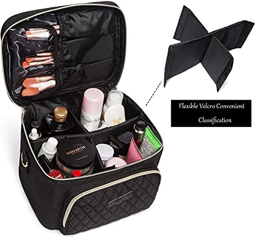 Bolsa de maquiagem de viagem para mulheres, o organizador de casos cosméticos de Scorila se encaixa verticalmente, saco de higiene pessoal com divisores ajustáveis ​​e porta -escova, saco de armazenamento portátil com alça para meninas, preto