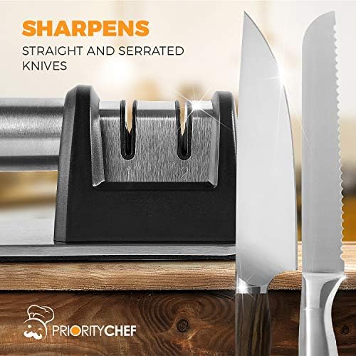 Apontador de facas PriorityChef para facas retas e serrilhadas, sistema de roda revestido de diamante em 2 estágios, afia as facas opacas rapidamente, seguras e fáceis de usar