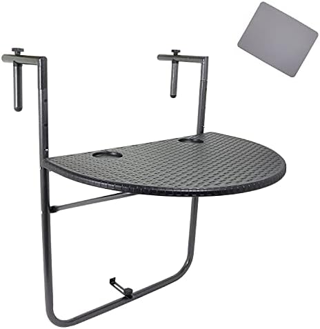 Goletio Balcony Solfing Table - Black Rounded Wicker Rattan Railing Table - Altura ajustável, dobrável e compacto, clima e resistente à ferrugem - inclui tapete de mesa